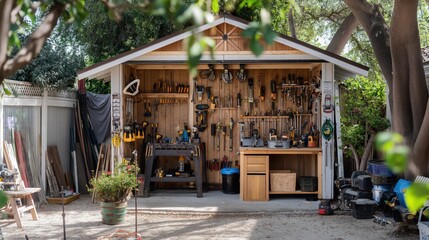 A charming tool shed and workshop set up in the backyard, equipped with organized tools for ongoing home improvement projects.