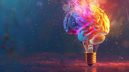 human brain and light bulb on abstract colorful background. Idea and Brainstorming concept.