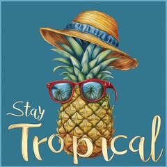 Colorful Illustration of Pineapple with Sunglasses and Hat in a Tropical Setting. 'Stay Tropical' lettering.