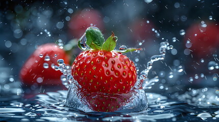 water splashing onto strawberry, in the style of cleared background, Fresh, clean fruit juice with strawberry flavor, strawberry flavored fruit drinks, fresh fruit products from organic gardens.