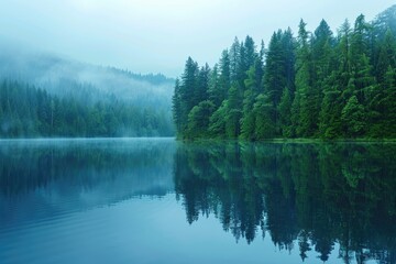 Wall Mural - Evening Landscape with Calm Lake, Green Trees and Mountain Reflection