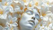Dreamlike Portrait Submerged in White Flowers, Serene Female Face with Golden Accents, Ethereal Floral Art, Surreal Beauty, Delicate Blossoms