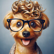 A cheerful brown dog in glasses with a fashionable hairstyle