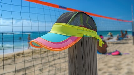A fashionable visor hat in neon colors, resting on a beach volleyball net pole, with the beach in the background.