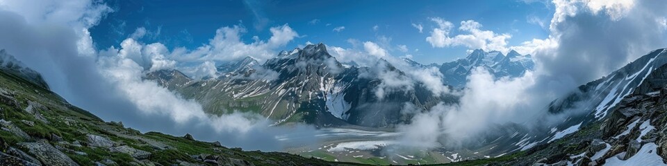 Wall Mural - Heavenly Mountain Landscape in Summer: Breathtaking Nature Panorama with Clouds and Snow-Capped