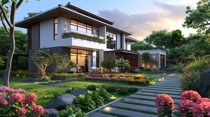 Poster - A modern house with a beautiful garden and a swimming pool