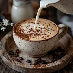 Pouring milk into a cup of coffee