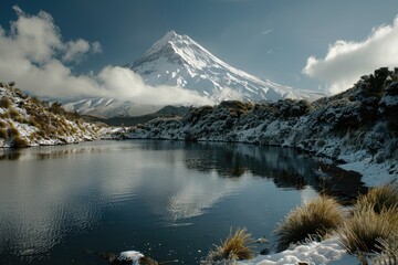 Wall Mural - Captivating Landscape of Mount: Volcano, Lake, and Snow in Harmony
