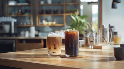 A modern take on traditional iced coffee, using cold drip brewers, displayed in a high-end coffee shop with minimalist decor.