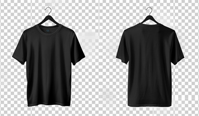 Black tshirt hanging on hanger mockup template, front and back view isolated transparent background, png


