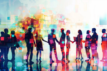 a dynamic visual of a team of individuals from different departments within a company, working toget