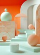 3D rendering of a surreal abstract geometric shapes composition with podiums and spheres