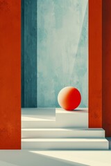 Sticker - 3D rendering of a sphere on a podium in a blue and red room