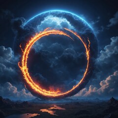 Fiery circle on the background of the night sky. 3d rendering