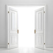 © All in Stock - White double doors swinging open against seamless transparent background, highlighting contrast in shadows and light.