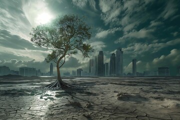 Wall Mural - Tree in a middle of barren landscape with a city in the background