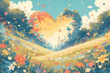 Wall Mural - A heart-shaped forest with mushrooms, butterflies and flowers. 