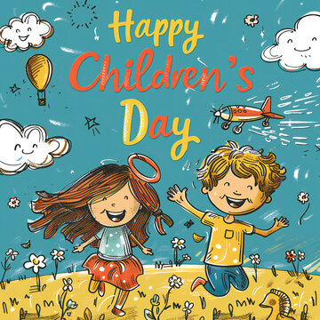 Global Celebration of Children's Day. Illustration Featuring Happy Children Enjoying Fun and Togetherness, Promoting Education and Friendship in a Colourful and Joyful Event