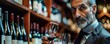 A charismatic closeup portrait of a sommelier evaluating a rare vintage wine, half body colorful strange bizarre sharpen blur background with copy space