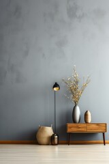 Canvas Print - gray wall with wood floor and mid-century modern furniture