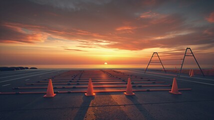 Wall Mural - A set of agility ladders and cones set up on a flat area of a beach, ready for a high-energy bootcamp workout at dawn.