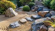 A Zen garden with raked sand, rocks, and greenery under soft light.