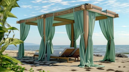 Wall Mural - A setup of a portable shade structure with UV-blocking curtains, perfect for beachgoers needing a break from direct sunlight.