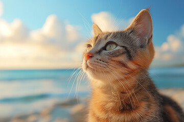 Wall Mural - An orange kitten walking at the beach on beautiful sunny day, peaceful day, pebble