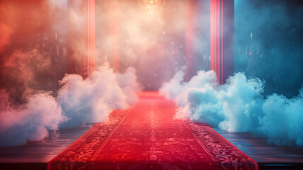 A red carpet stretches out, leading to a mysterious destination, with swirling smoke around its edges and a beautifully blurred backdrop