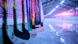 Fototapeta Sport - A row of colorful hockey sticks leaning against the boards of an ice hockey rink, awaiting the start of a thrilling match between rival teams under the glow of arena lights.