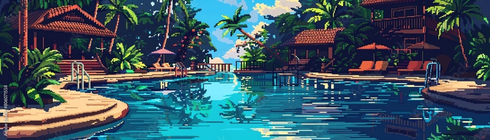 A pixel art image of a tropical resort. There are palm trees, lounge ...