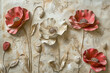 Texture of plaster with poppy flowers. Detailed stucco relief with floral designs in classical style