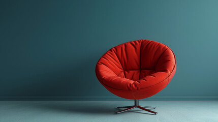 A red chair sits in front of a blue wall