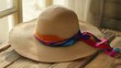 © Muhammad - A stylish straw sunhat with a wide brim and a colorful silk ribbon, placed on a wooden table under soft sunlight.