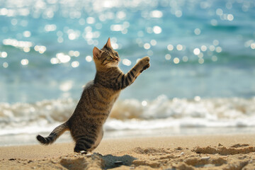 Wall Mural - A cat jumping and playing at the beach on a sunny day with sea background