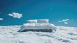 Close up of a bed on a snowy mountain peak under a crystal-clear blue sky, extreme contrast with warm bedding