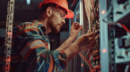 Wall Mural - construction worker, electrician at work