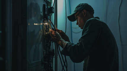 Wall Mural - construction worker, electrician at work