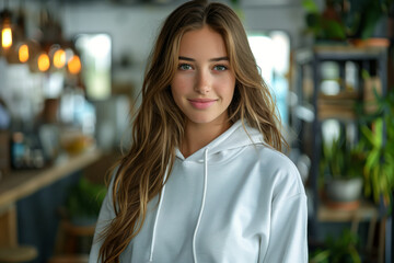 Poster - Caucasian young woman with long hair in white hoodie in green cafe interior