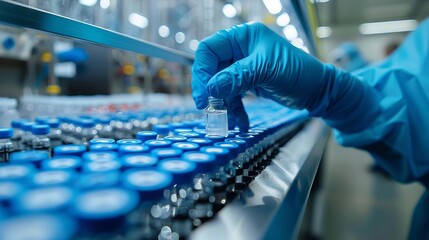 Closeup image of hands in sterile gloves examining a batch of medical vials, ensuring compliance and safety standards in a clean production environment