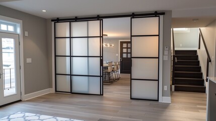 Wall Mural - Glass pocket doors with black metal frames and frosted or etched panels