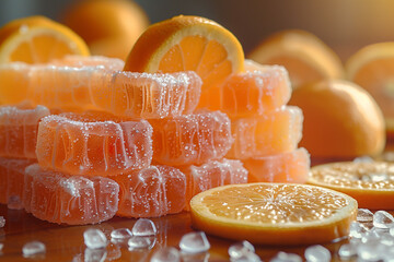 jelly cubes, squares. Pieces sweet marmalade dusted in sugar closeup. Mixed colorful candies.  orange, grapefruit Jelly Candy. Orange fruit  candy. Multi-colored fruit marmalade. 