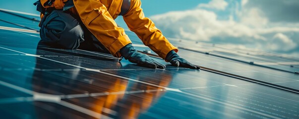 Highresolution image of a technician in safety gear adjusting solar panels, capturing the interaction of man and technology in the field of sustainable energy