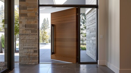 Wall Mural - Modern pivot door with a wood veneer finish and recessed handle