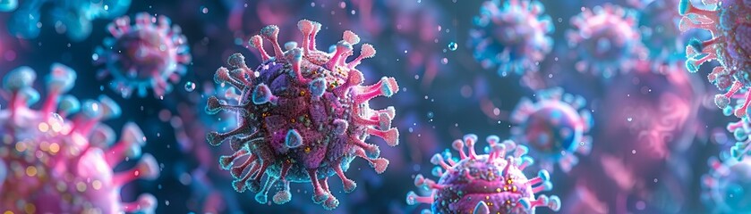 macro closeup image of microscopic virus cells, artistically rendered in bright colors on a black ba