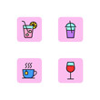 Drinks line icon set. Glass of wine, cup of tea, ice tea, milkshake. Beverage concept. Can be used for topics like restaurant, cafe, bar. Vector illustration for web design and app