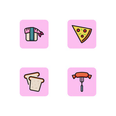 Sticker - Snacks line icon set. Sausage, slice of pizza, toasts, sushi. Fast food concept. Can be used for topics like cafe, menu, lunch. Vector illustration for web design and app