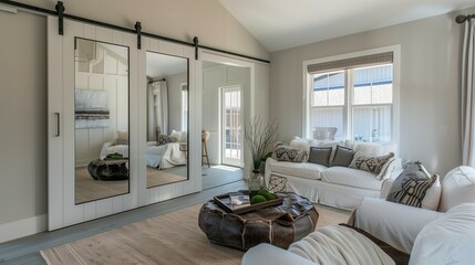 Wall Mural - Sliding barn doors with mirrored panels and brushed nickel hardware