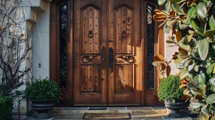 Wall Mural - Traditional wooden door with raised panels and wrought iron accents