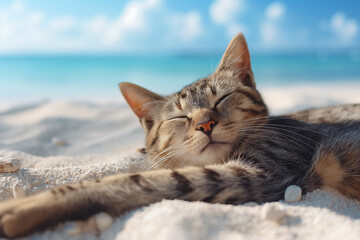 A cat at the beach relaxing sitting on sand on a sunny beautiful day